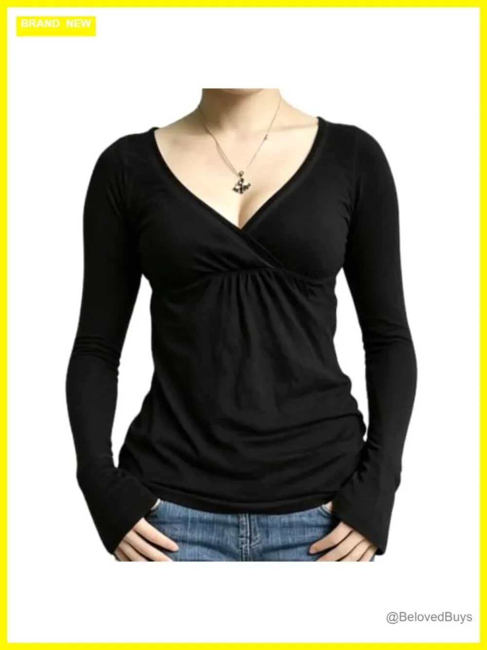 Women Long Sleeve Wrap V-Neck Top Slim Fit Ruched Streetwear Y2K Fairy Grunge